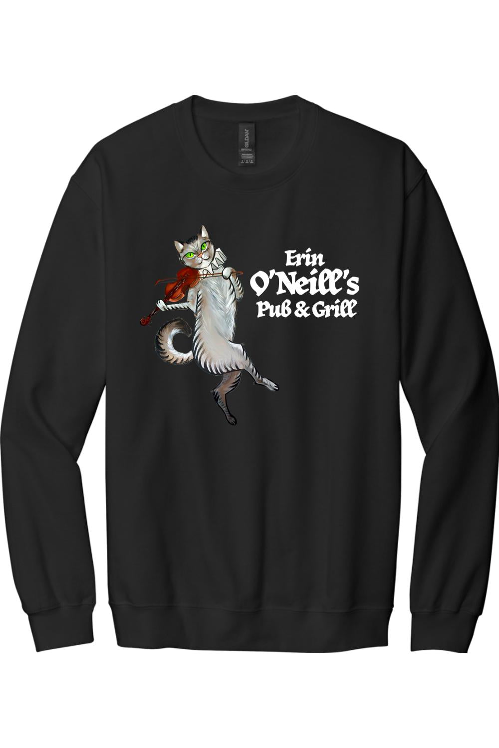 Black cotton-blend sweatshirt featuring a graphic of a cat playing a violin and Erin O'Neill's Pub & Grill text.