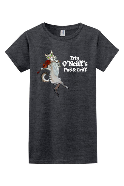 Dark gray cotton women's t-shirt featuring a cat playing a violin and Erin O'Neill's Pub & Grill logo.