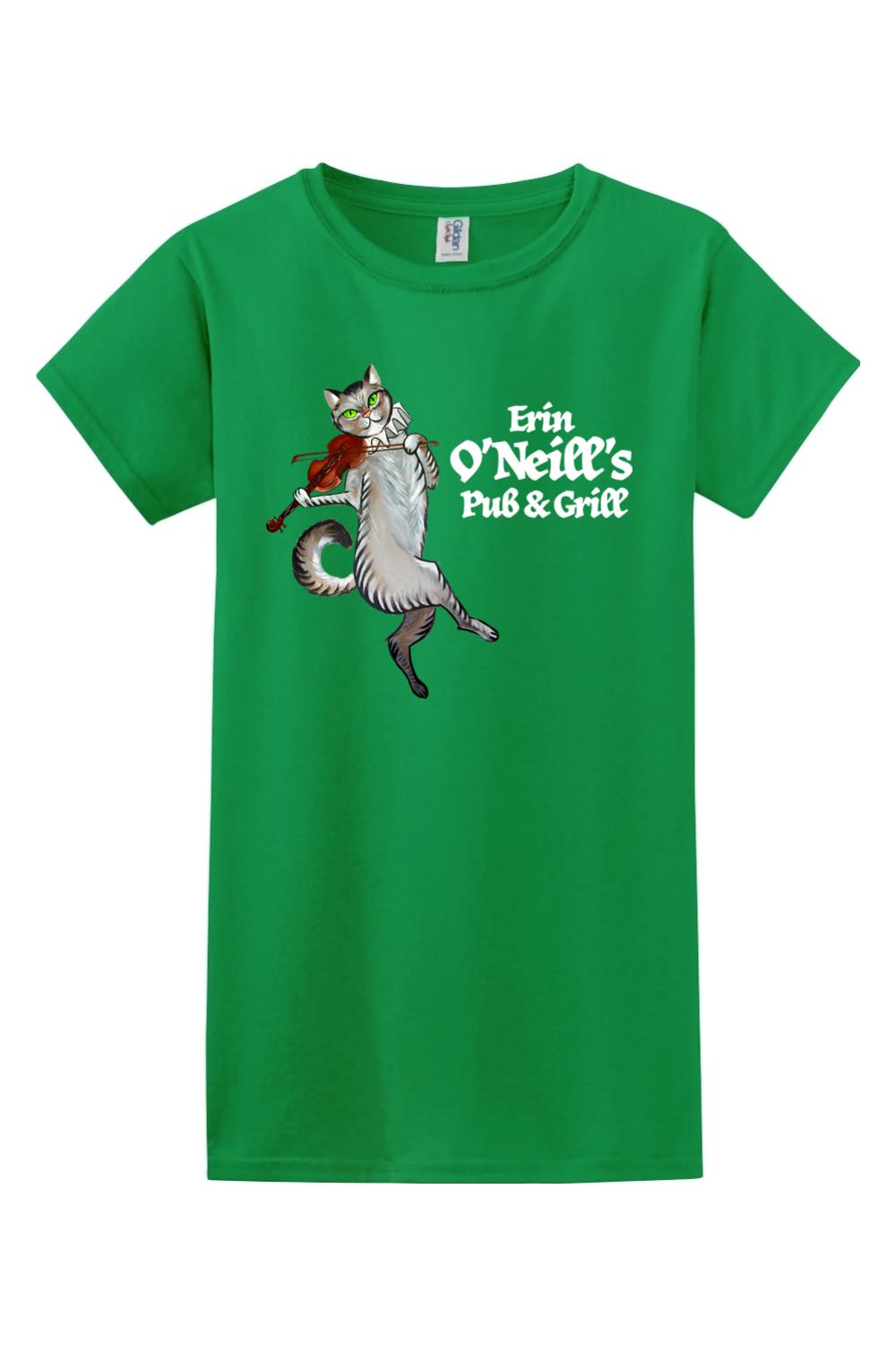 Green women's cotton t-shirt featuring a graphic of a cat playing the violin and Erin O'Neill's Pub & Grill text.