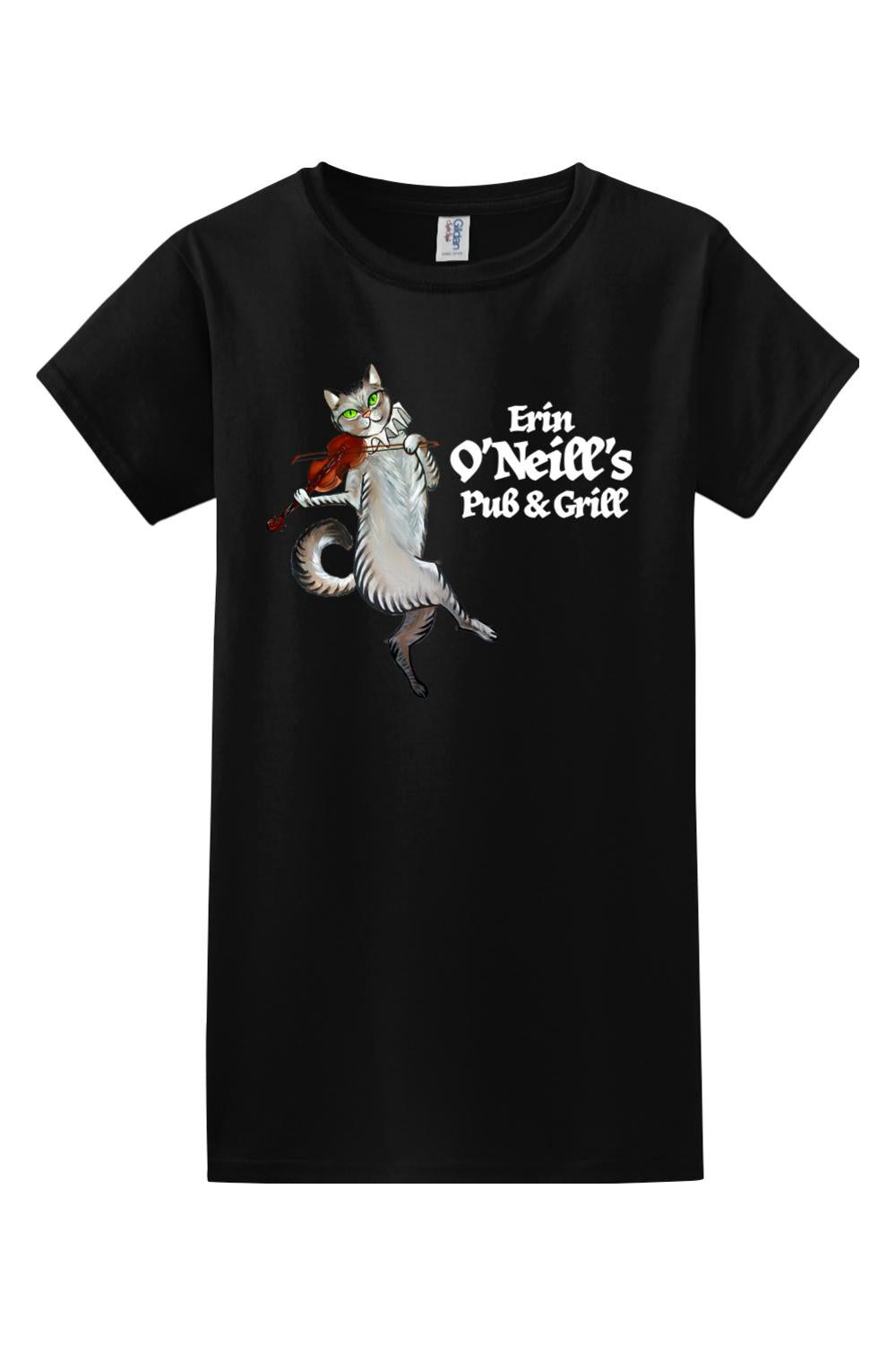 Black 100% cotton women's t-shirt featuring a cat playing the violin and the Erin O'Neill's Pub & Grill logo.