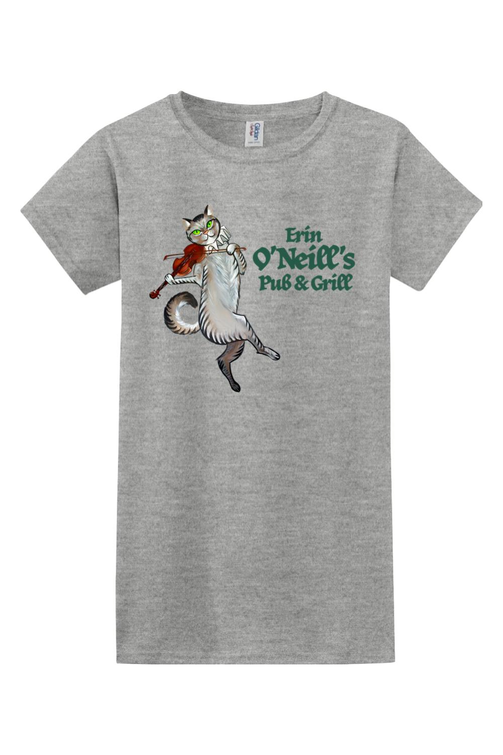 Sport grey women's cotton t-shirt featuring a graphic of a cat playing the violin and Erin O'Neill's Pub & Grill text.
