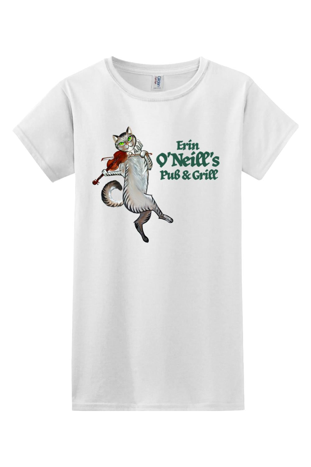 White cotton women's t-shirt featuring a cat playing a violin and Erin O'Neill's Pub & Grill logo.