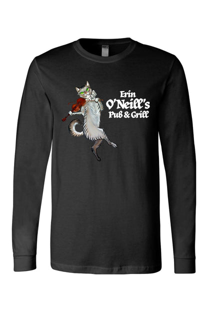 Black long-sleeve cotton t-shirt featuring a cat playing a violin and Erin O'Neill's Pub & Grill logo.