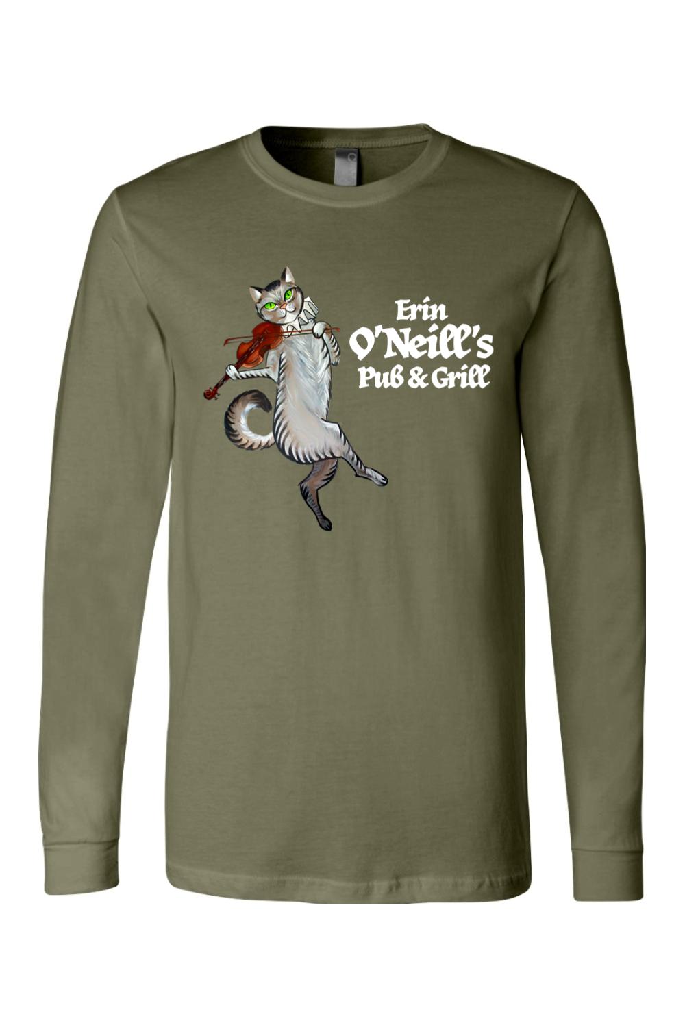 Olive green long-sleeve cotton t-shirt featuring a cat playing a violin and Erin O'Neill's Pub & Grill logo.