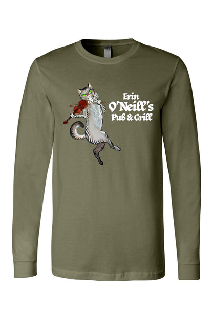 Olive green long-sleeve cotton t-shirt featuring a cat playing a violin and Erin O'Neill's Pub & Grill logo.