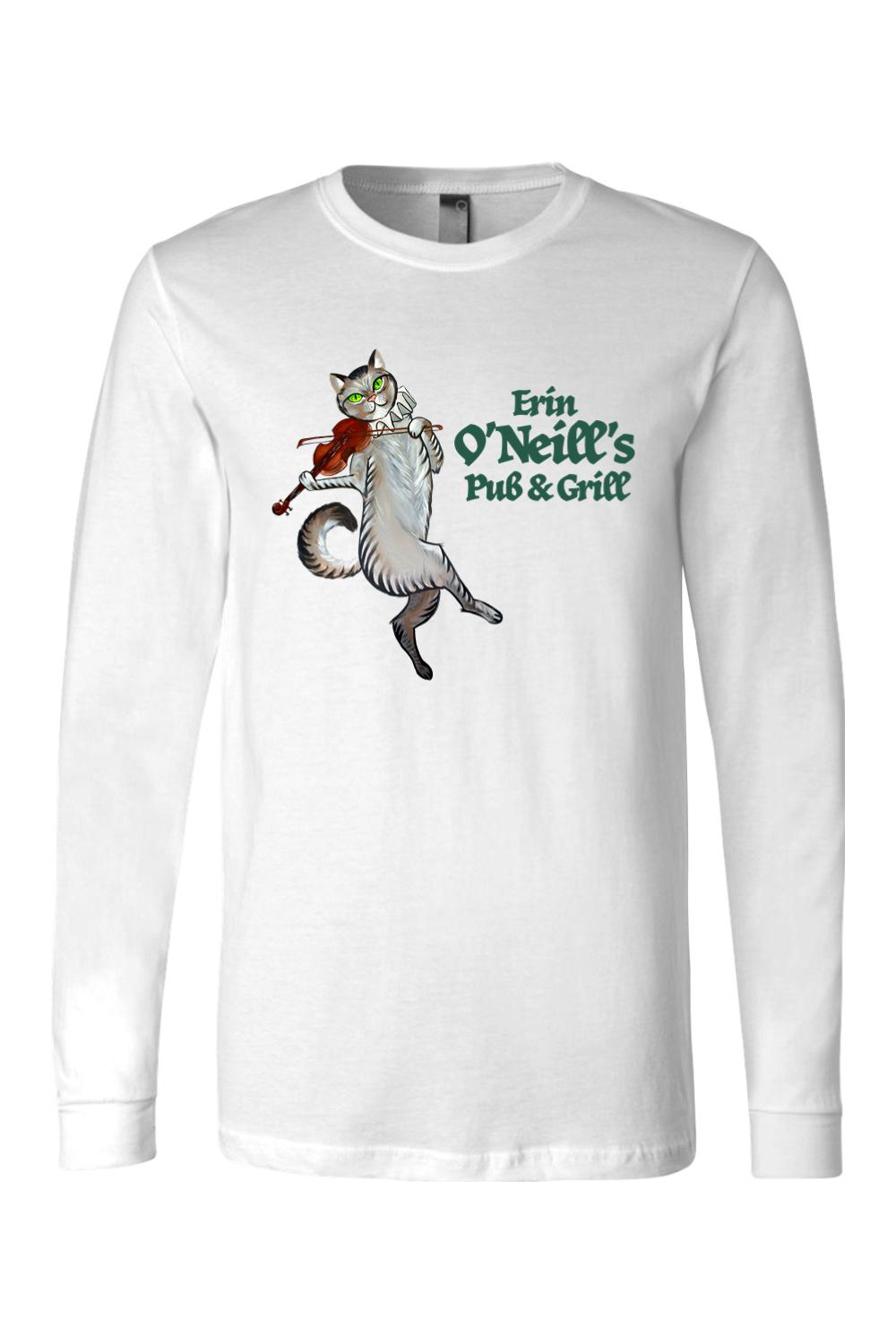White long-sleeve cotton t-shirt featuring a cat playing the violin and Erin O'Neill's Pub & Grill logo.