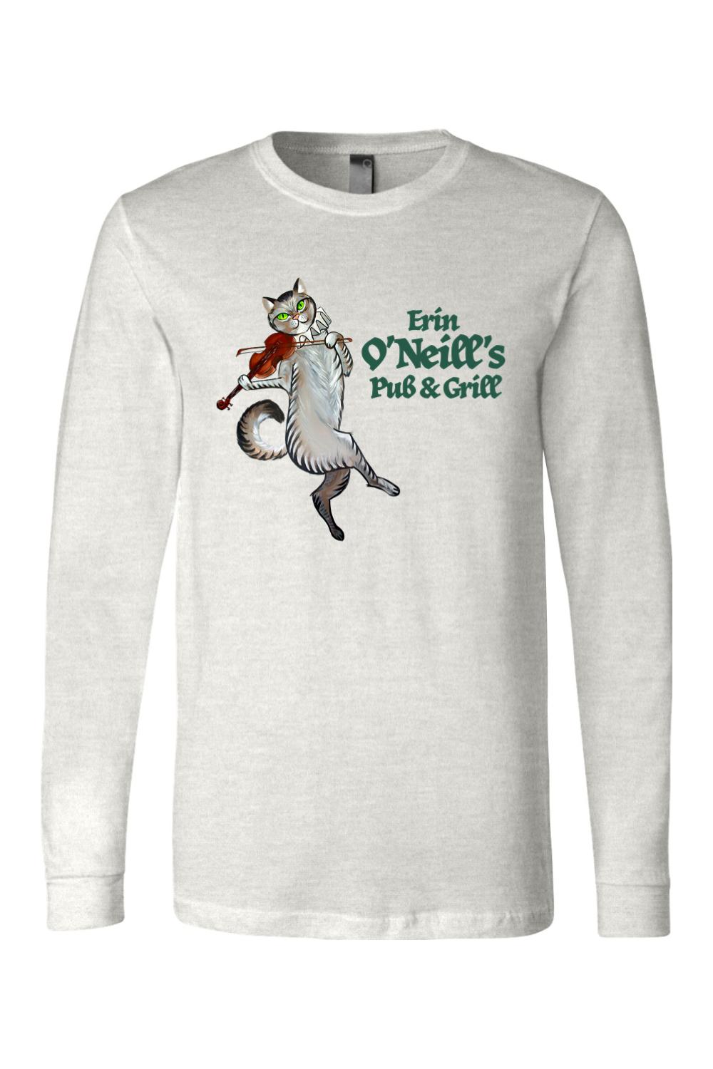 Light heather gray long-sleeve cotton t-shirt featuring a cat playing a violin and Erin O'Neill's Pub & Grill logo.
