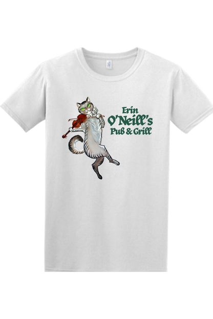 White cotton t-shirt featuring a graphic of a cat playing the violin and the Erin O'Neill's Pub & Grill logo.