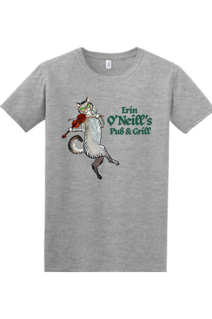 Grey cotton t-shirt featuring a cat playing a violin and the Erin O'Neill's Pub & Grill logo.