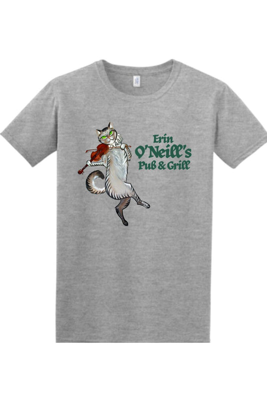Grey cotton t-shirt featuring a cat playing a violin and the Erin O'Neill's Pub & Grill logo.