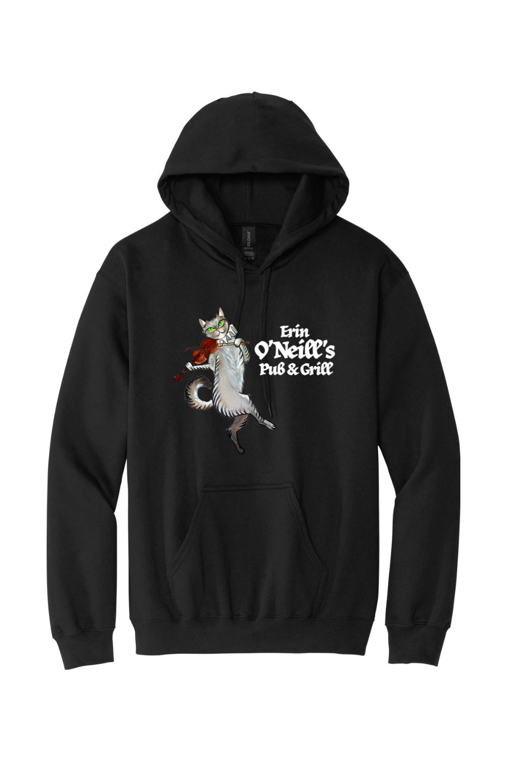 Black cotton-blend hoodie featuring a graphic of a cat playing the violin and Erin O'Neill's Pub & Grill logo.