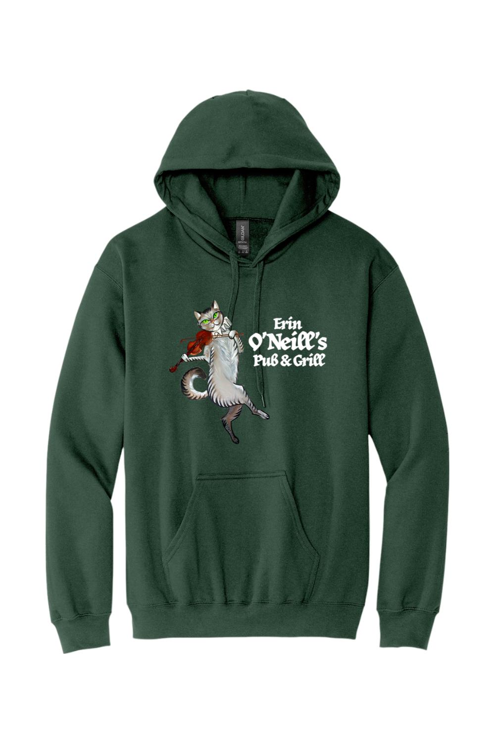 Dark green cotton-blend hoodie featuring an Erin O'Neill's Pub & Grill graphic of a cat playing the violin.