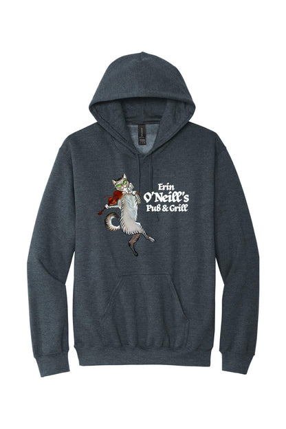 Dark charcoal grey hooded sweatshirt featuring a cat playing a violin and the Erin O'Neill's Pub & Grill logo.