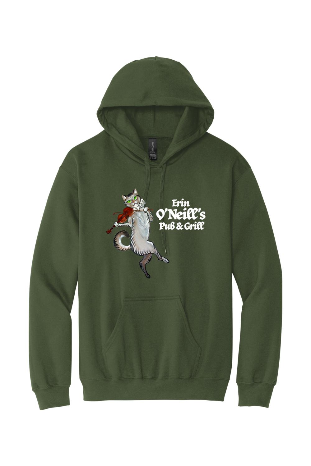 Dark olive green pullover hoodie featuring a cat playing the violin and Erin O'Neill's Pub & Grill logo.