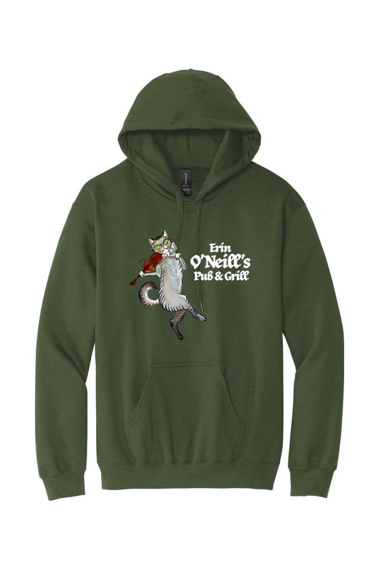 Dark olive green pullover hoodie featuring a cat playing the violin and Erin O'Neill's Pub & Grill logo.