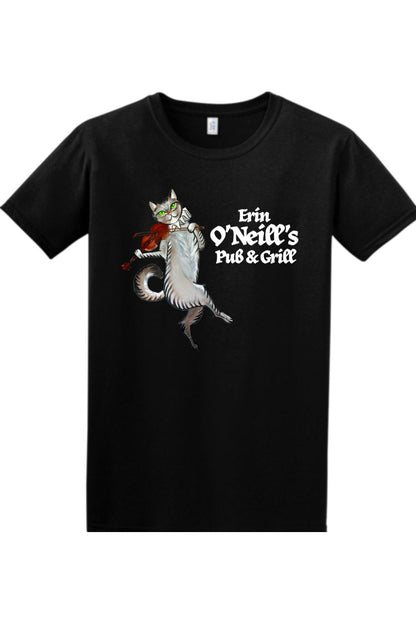 Black cotton t-shirt featuring a graphic of a cat playing the violin and Erin O'Neill's Pub & Grill text.