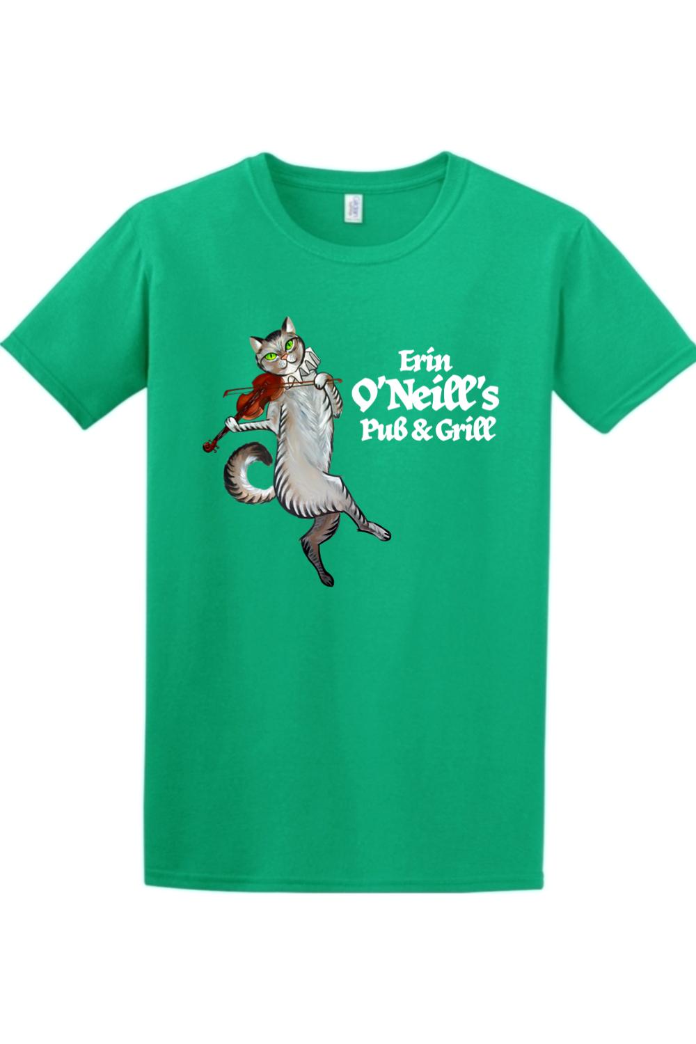 Green cotton t-shirt featuring a graphic of a cat playing the violin and the text Erin O'Neill's Pub & Grill.