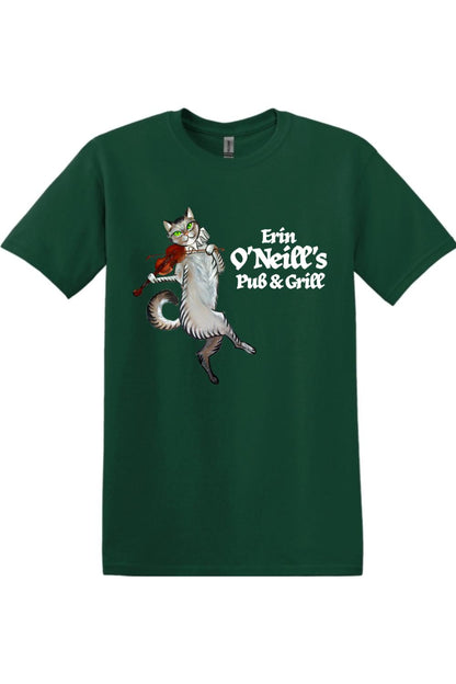 Dark green cotton unisex t-shirt featuring a graphic of a cat playing a violin and the Erin O'Neill's Pub & Grill logo.