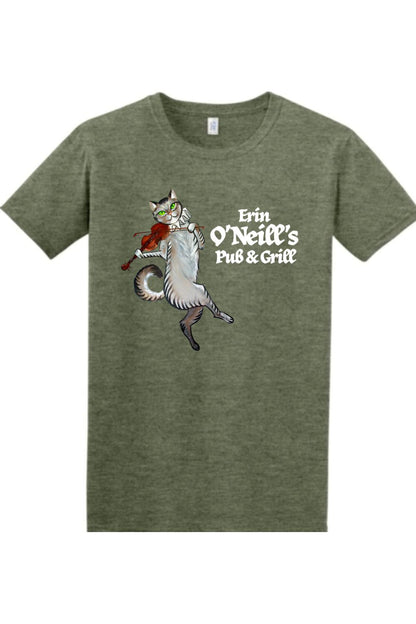 Olive green heathered cotton t-shirt featuring a graphic of a cat playing the violin and Erin O'Neill's Pub & Grill text.