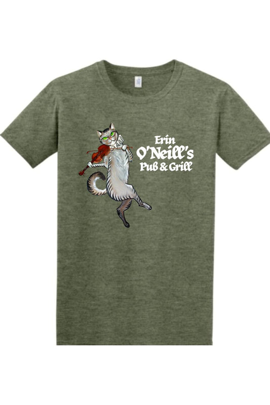 Olive green heathered cotton t-shirt featuring a graphic of a cat playing the violin and Erin O'Neill's Pub & Grill text.