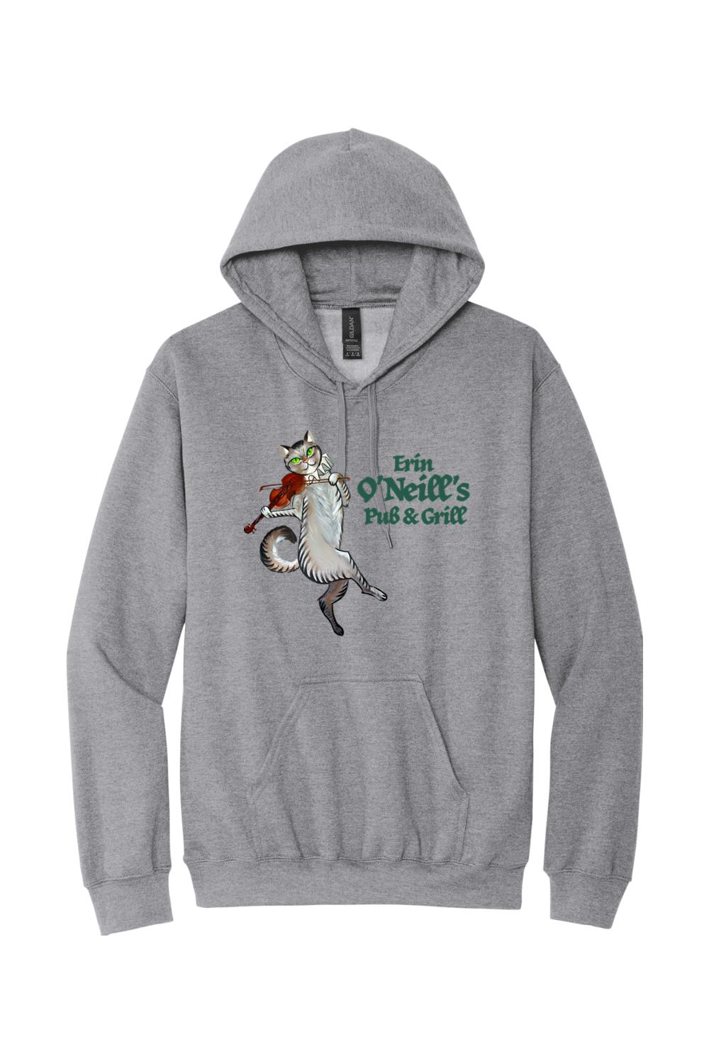 Grey heather unisex hoodie featuring a cat playing a violin and Erin O'Neill's Pub & Grill logo graphic.