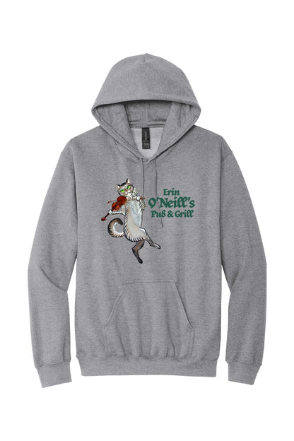 Grey heather unisex hoodie featuring a cat playing a violin and Erin O'Neill's Pub & Grill logo graphic.