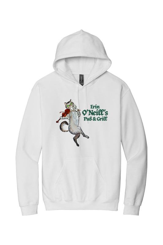 White unisex hoodie featuring an Erin O'Neill's Pub & Grill cat playing the violin graphic on the chest.