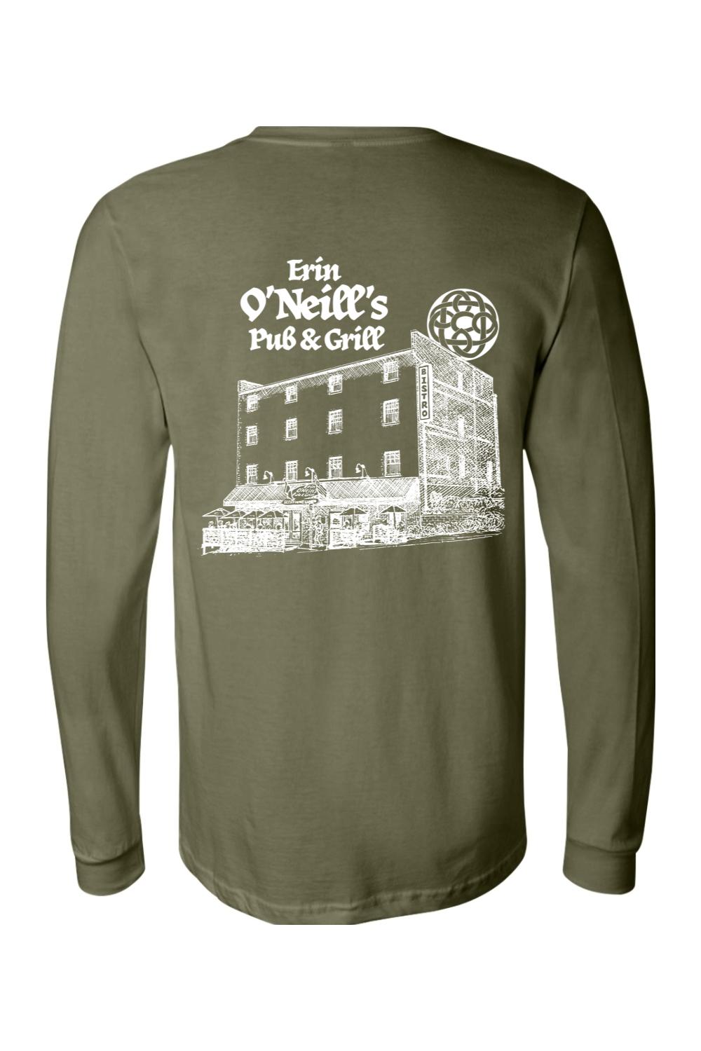 Olive green long-sleeve cotton t-shirt featuring a white sketch of Erin O'Neill's Pub & Grill on the back.