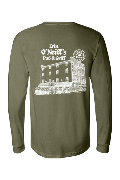 Olive green long-sleeve cotton t-shirt featuring a white sketch of Erin O'Neill's Pub & Grill on the back.