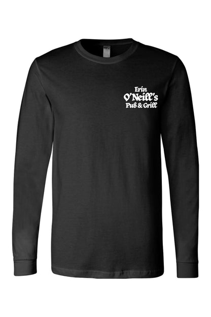 Black long-sleeve cotton t-shirt featuring a white Erin O'Neill's Pub & Grill logo on the left chest.