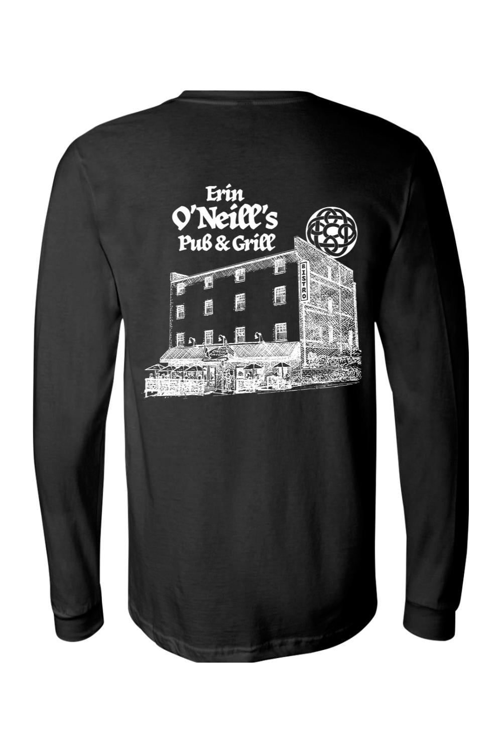 Black long sleeve cotton t-shirt featuring a white sketch graphic of Erin O'Neill's Pub & Grill on the back.