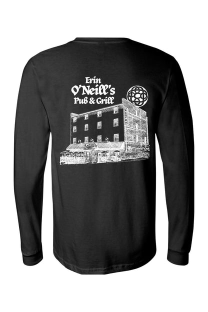 Black long sleeve cotton t-shirt featuring a white sketch graphic of Erin O'Neill's Pub & Grill on the back.