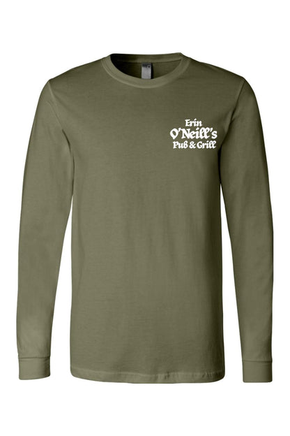 Olive green long-sleeve cotton t-shirt featuring a white Erin O'Neill's Pub & Grill logo on the chest.
