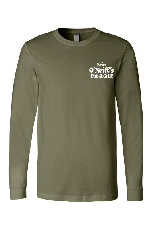 Olive green long-sleeve cotton t-shirt featuring a white Erin O'Neill's Pub & Grill logo on the chest.