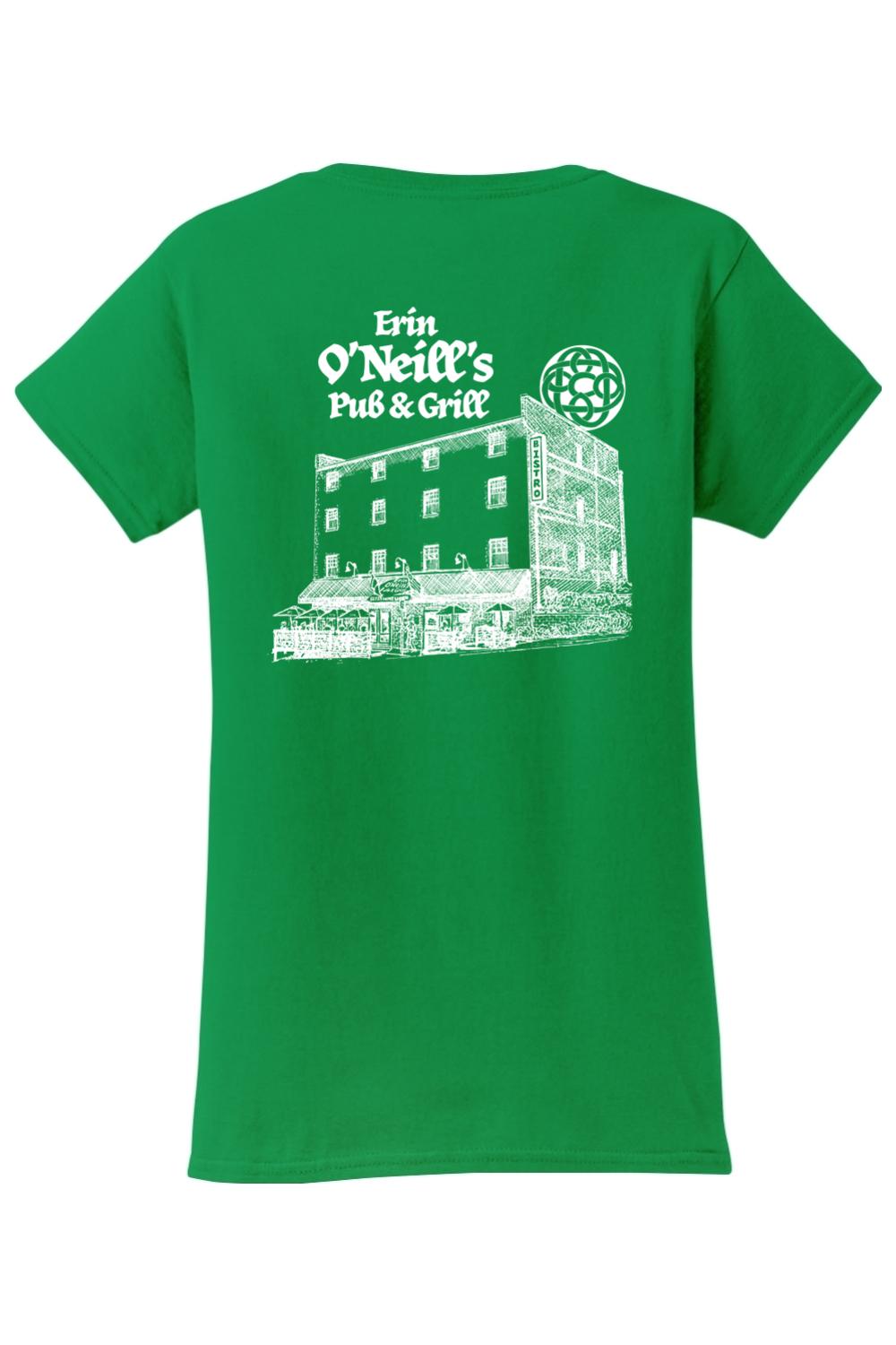 Green women's cotton t-shirt featuring a white sketch graphic of Erin O'Neill's Pub & Grill on the back.