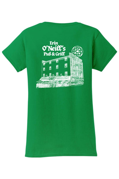 Green women's cotton t-shirt featuring a white sketch graphic of Erin O'Neill's Pub & Grill on the back.