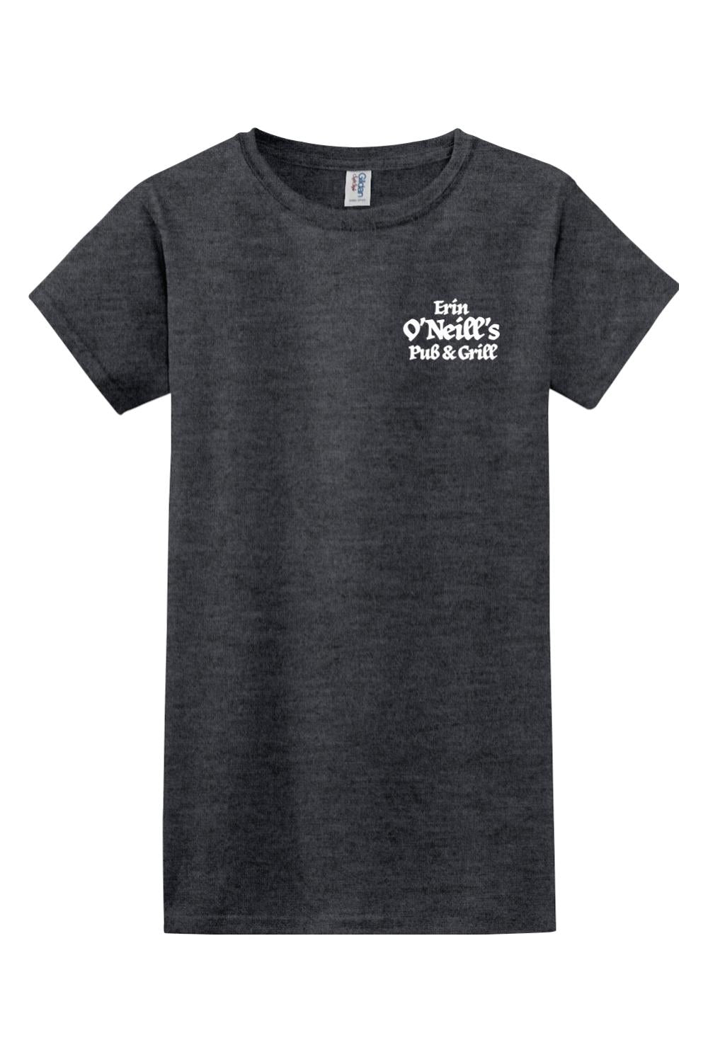 Dark grey women's cotton t-shirt featuring a white Erin O'Neill's Pub & Grill logo on the chest.
