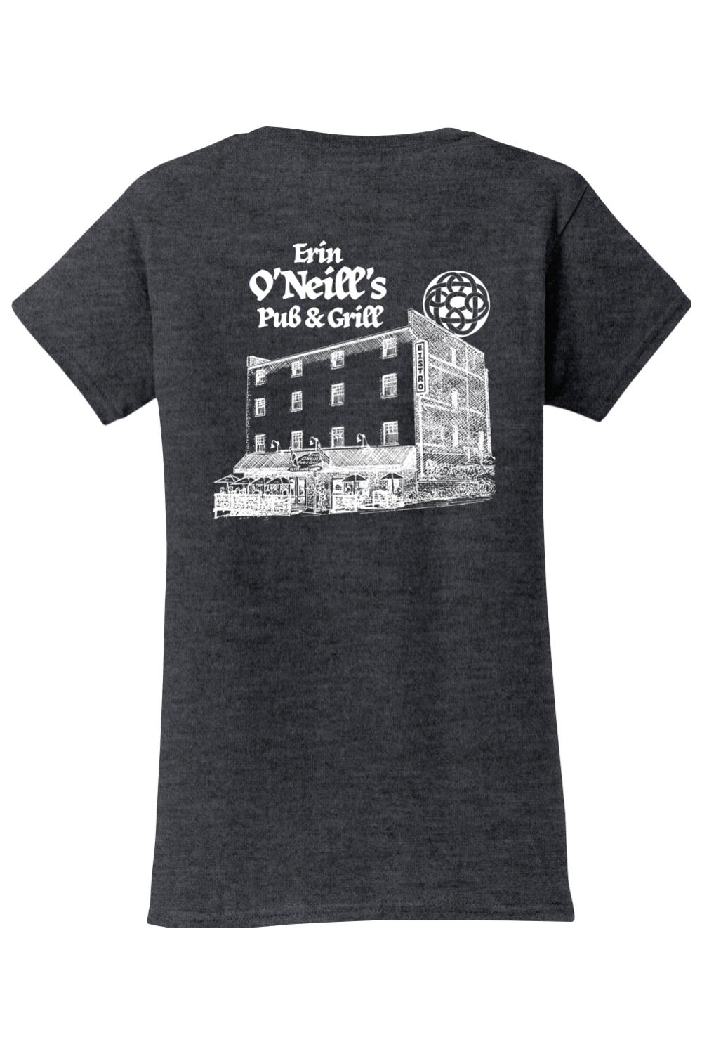Dark grey women's cotton t-shirt featuring a white sketch graphic of Erin O'Neill's Pub & Grill on the back.