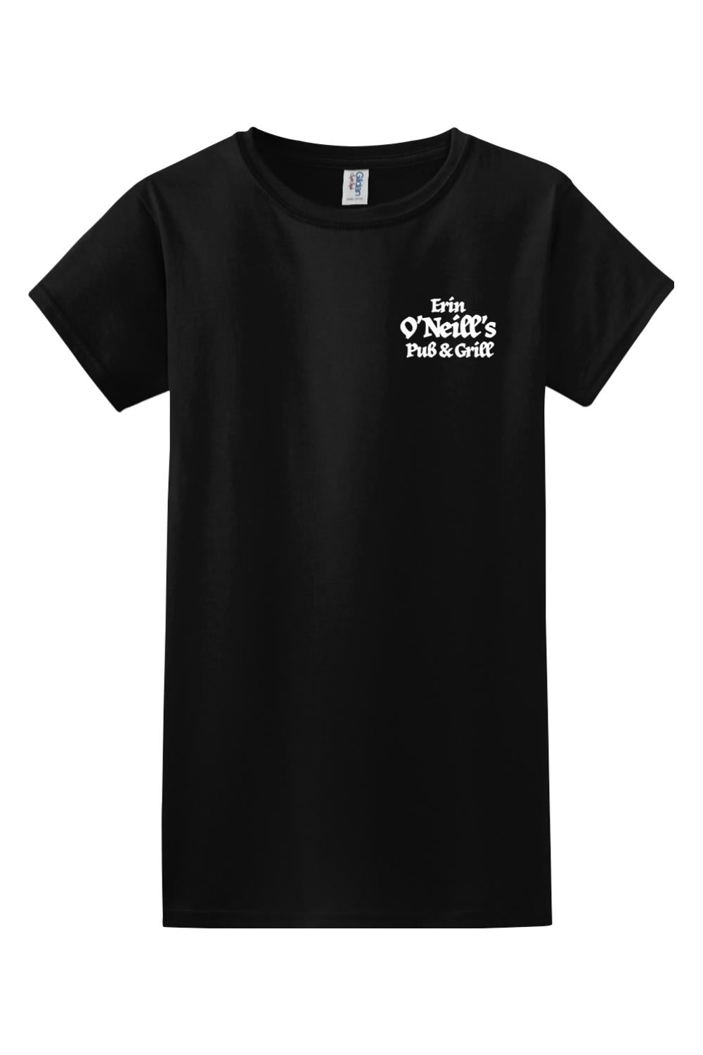Black cotton women's t-shirt featuring a white Erin O'Neill's Pub & Grill logo on the chest.