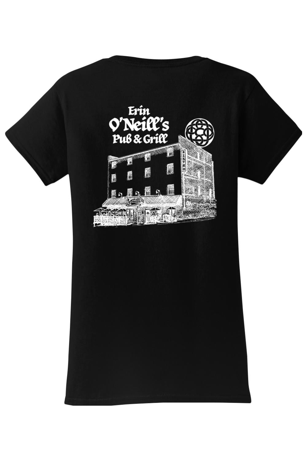 Black cotton women's t-shirt featuring a white sketch of Erin O'Neill's Pub & Grill on the back.