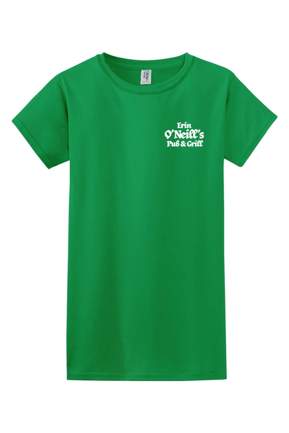 Green women's cotton t-shirt featuring a white Erin O'Neill's Pub & Grill logo on the chest.