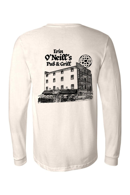 Light-colored long sleeve cotton t-shirt featuring a black ink sketch of Erin O'Neill's Pub & Grill on the back.
