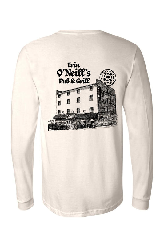 Light-colored long sleeve cotton t-shirt featuring a black ink sketch of Erin O'Neill's Pub & Grill on the back.