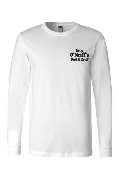 Light-colored long sleeve cotton t-shirt featuring a black Erin O'Neill's Pub & Grill logo on the chest.