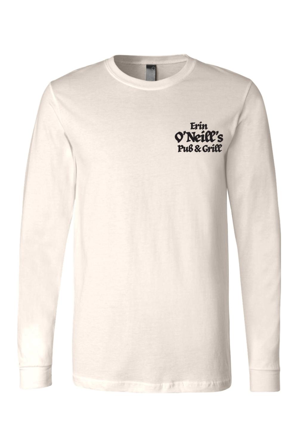 Light-colored long sleeve cotton t-shirt featuring a black Erin O'Neill's Pub & Grill logo on the chest.
