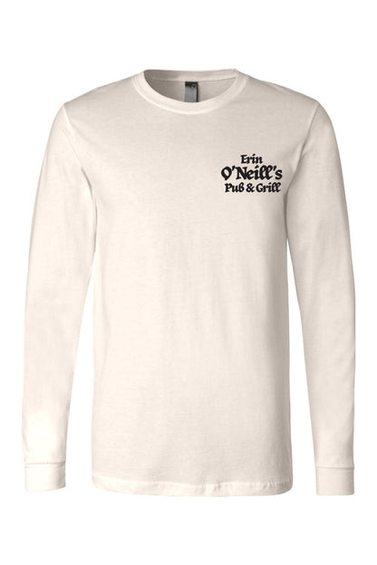 Light-colored long sleeve cotton t-shirt featuring a black Erin O'Neill's Pub & Grill logo on the chest.