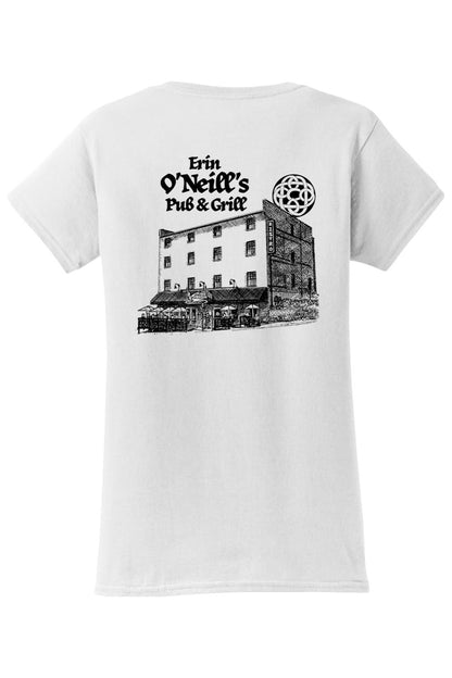 Light-colored women's cotton t-shirt featuring a black ink sketch of Erin O'Neill's Pub & Grill on the back.
