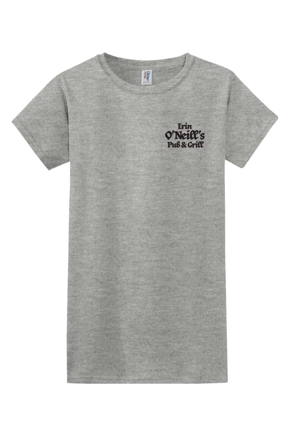 Sport grey women's cotton-blend t-shirt featuring an Erin O'Neill's Pub & Grill logo on the chest.