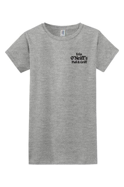 Sport grey women's cotton-blend t-shirt featuring an Erin O'Neill's Pub & Grill logo on the chest.
