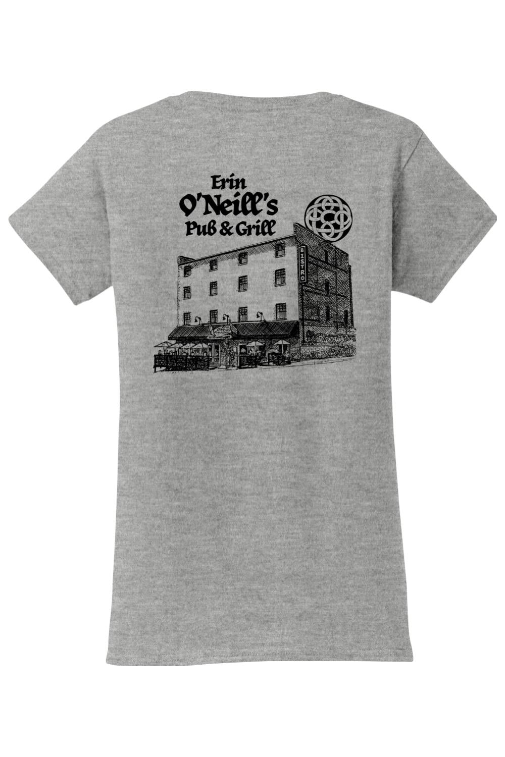 Sport grey women's cotton t-shirt featuring a black sketch of Erin O'Neill's Pub & Grill on the back.